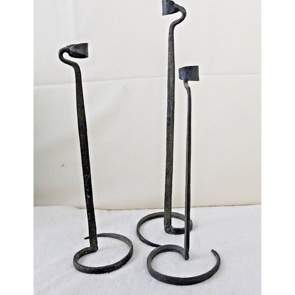 blackened brass candle hand hewn holders rustic hammered patina set 15" 13" 11" - Picture 2 of 9